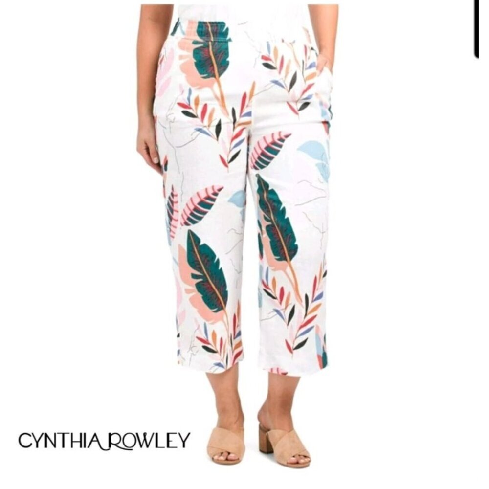 Cynthia Rowley Linen Floral Cropped Pants Size Small Tropical Multicolor